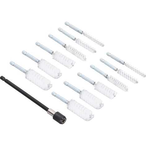 Spazzola forata universale – acciaio inox – gambo esagonale da 1/4″ + prolunga da 15 cm – nylon bianco – levigatura