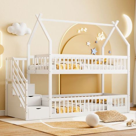Lit superposé enfant 90x200, sécurité escalier lit cabane, bois massif, rangement intégré