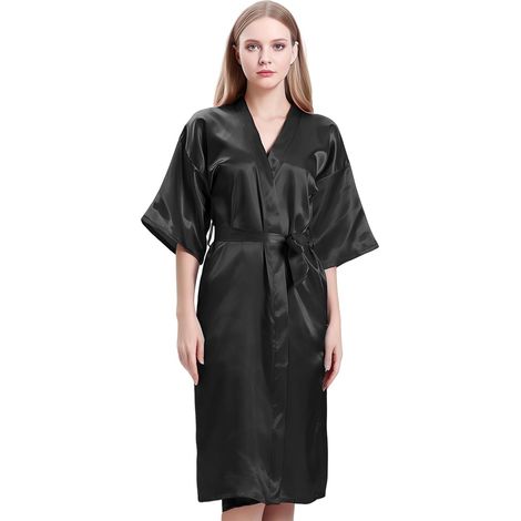 Women's Satin Kimono, Wedding Bridesmaid Robe, Lightweight Sexy Satin Dressing Gown with V-Neck and Belt, Solid Color (1/5)