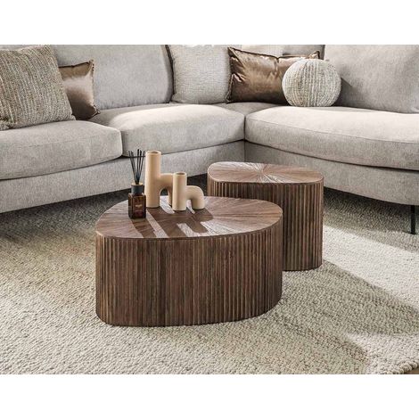 Lisa Design – Lot de 2 tables basses gigognes en teck massif – Dimensions 73 et 53 cm – Plateau à motif rayonnant – Résistantes à l’humidité