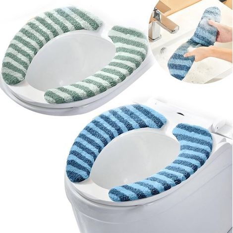 Set mit 2 Paar weichen WC-Sitzkissen mit Streifenmuster (Grün & Blau) – Waschbar, wärmeerhöhend mit Klebstoff (1/2)