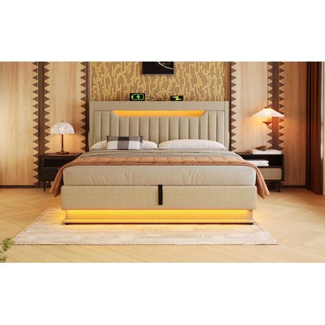 Lit double rembourré 140x190 cm, tête de lit avec espace de rangement et ports USB et Type-C, éclairage LED à la tête et au pied du lit, rangement hydraulique, beige, lin (sans matelas)