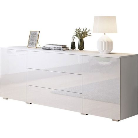 Cómoda Sarasota 129, Blanco + Blanco brillante, Con cajones y puertas, Número de cajones: 3, 68x150x39cm (1/4)