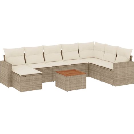 Set de sofás de jardín 9 pzas con cojines ratán sintético beige vidaXL (1/4)