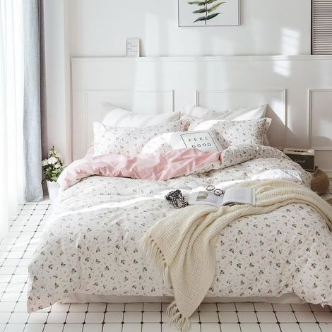 Parure de lit Queen Size en Coton avec Housse de Couette et 2 taies d'oreiller Motif Floral Rose et Blanc Style Vintage avec Fermeture éclair (1/5)