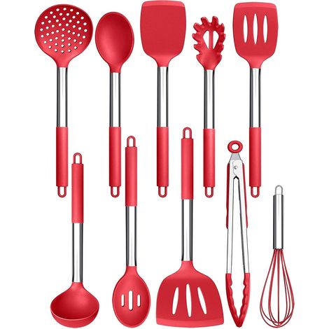 10 utensilios de cocina, silicona negra, mango de acero inoxidable, resistentes al calor y a los arañazos, para cocinar a diario. (1/5)