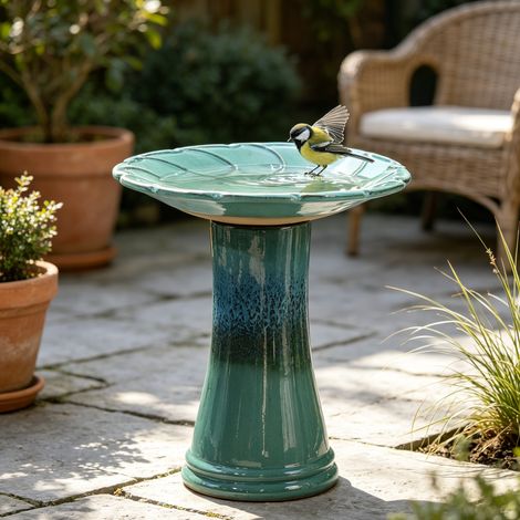 Fontaine à oiseaux en céramique faite à la main avec bassin en relief de feuilles ondulées, Ø43cm hauteur 45cm, émaillage turquoise brillant, résistant au gel et aux intempéries pour jardin et terrass (1/5)