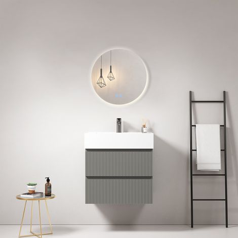Mobile bagno sospeso cannettato 60 cm Grigio Londra Lavabo in Resina Specchio Tondo Retroilluminato - Fiji Paint