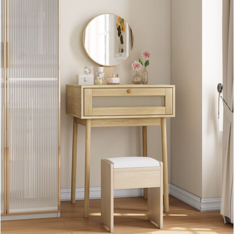 Toeletta con specchio rotondo e cassetti, mobile compatto e multifunzionale per la camera da letto, finitura rovere. (1/5)