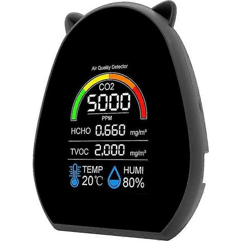 Détecteur de qualité de l'air 5 en 1, testeur de CO2 multifonctionnel avec affichage des valeurs de dioxyde de carbone, HCO3, TVOC, quantité d'électricité, température et humidité. (1/5)