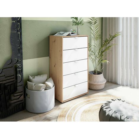 Dmora - Cajonera Praha, Cómoda multiusos, Cómoda de dormitorio, Gabinete con cajones, 60x40 h109 cm, Blanco y Roble nodoso (1/5)
