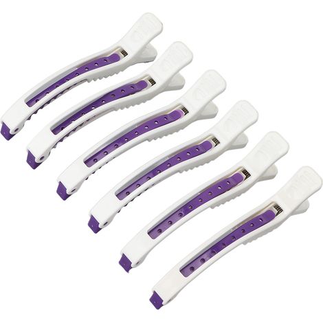 Lot de 6 pinces à cheveux professionnelles antidérapantes, style salon, blanches et violettes. (1/5)