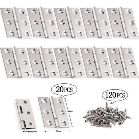 20 bisagras para puertas - Bisagras para puertas de armarios con 120 tornillos - Bisagras plegables de acero inoxidable color plata (1/5)