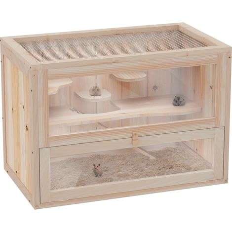 Wooden Hamster Cage Mouse Mice Rodent Small Animals Hutch Exercise Play House 60 x 35 x 42cm, Natural Wood Finish (1/5)