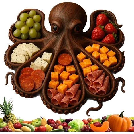 Plateau de service en bois en forme de poulpe pour charcuterie, plateau apéritif sur thème océan, présentoir à fromages, fruits secs et viandes, décoration cuisine, couleur bois naturel (1/5)