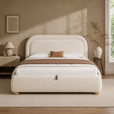 Etagenbett 140/200 cm in Beige aus Bouclé mit hydraulischem Bettkasten und Lattenrost (1/5)