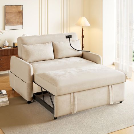 Sofá cama doble con USB y respaldo reclinable beige OKMYHOME (1/5)