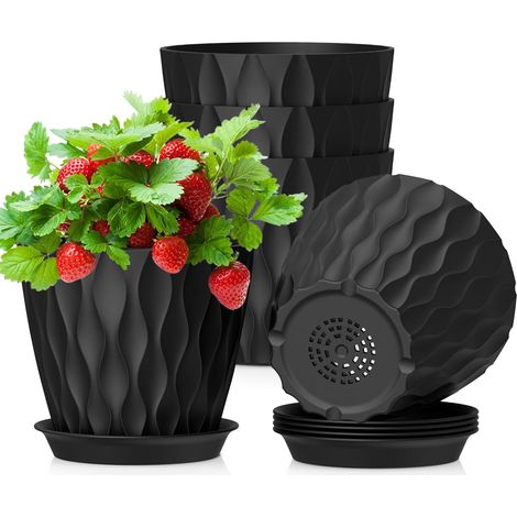 12.7cm Pot de Fleur Interieur, Lot de 5 Plastique Pot Plante avec Drainage et Soucoupes, Design Ondulé 3D Moderne, Pot Semis pour Succulentes, Cactus, Noir (1/5)