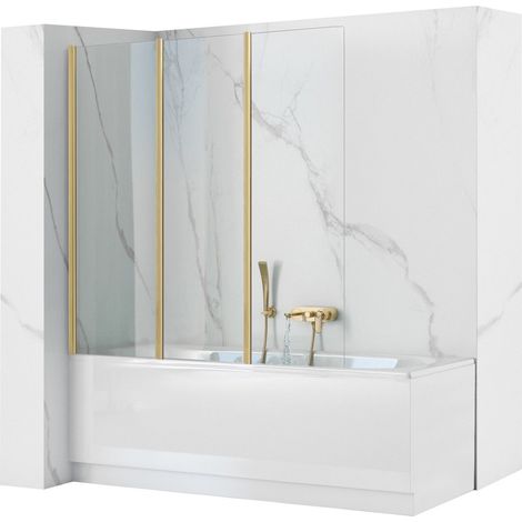 REA – Pare-baignoire pliant 120 cm – Hauteur 140 cm – Verre 5 mm – Finition brush gold – Kit de joint d'étanchéité inclus (1/5)