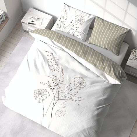 Parure de lit 3 pièces à fleurs verso rayures Blanc 240x220 cm