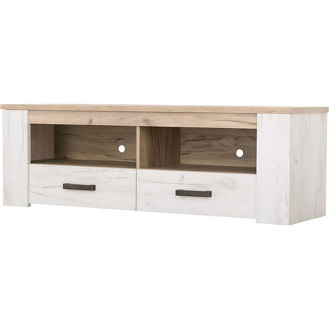 TV-Möbel Rinde, 2 Schubladen, 3 Ablagen, 2 Fächer, 152x44x50H cm, Weiß Lärche