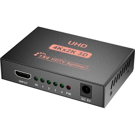 Séparateur HDMI 1 vers 4 alimenté, boîtier 1x4 ports compatible Ultra HD 1080P, 4K/2K et 3D (1 entrée, 4 sorties) (1/5)