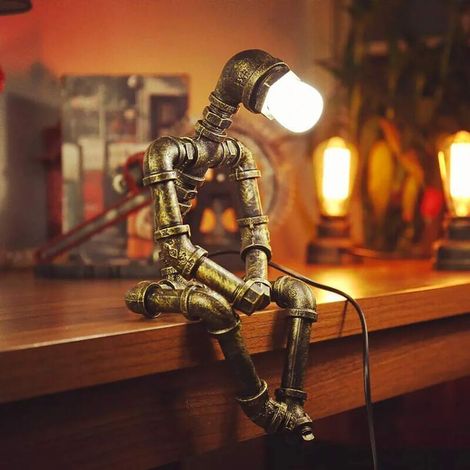 Lampe Robot Rétro Lampe De Bureau Industrielle Fer Tuyau De Lampe De Chevet Chambre Étude Créatifs Lampe Nostalgie Robot Fer De La Lampe Grenier Lampe De Table,Compatible Avec Edison, Led, Cfl, Ampoul (1/4)