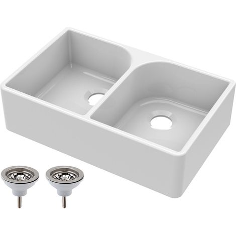 795mm - 2 Bowl Fireclay Butler Kitchen Sink - Full Weir & Wastes (1/5)