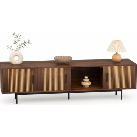Meuble TV LED avec portes en verre trempé, texture sculptée, Bluetooth et application, noir et bois foncé, 200 cm, design moderne - CHICFURN (1/5)