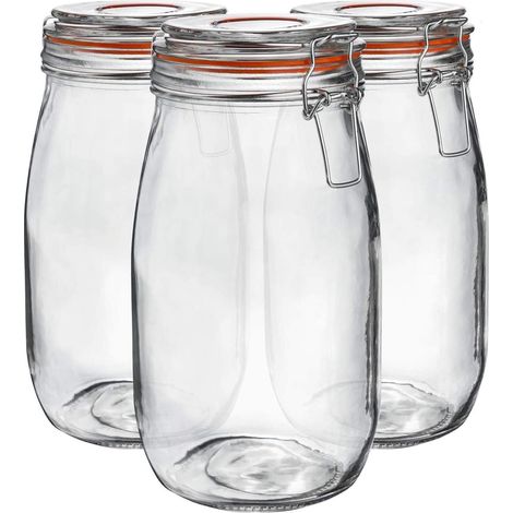 Neo 1.5L Pack of 3 Canisters Tableware Scandi Glass Storage Jars with Airtight Silicone Seal Metal Clip Top Lids Modern Kitchen Pantry Food (1/5)