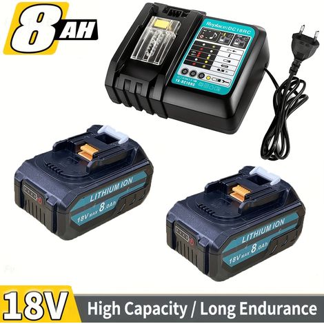 Lot de 2 Batteries BL1850B 8,0Ah + Chargeur 3A DC18RC – Compatible Makita 18V/14.4V. Pour BL1850/BL1860/BL1830. Kit (8,0 Ah 2 + Chargeur 1). (1/5)