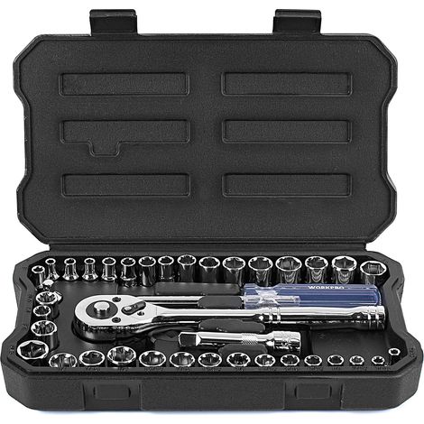 WORKPRO Cofanetto di Prese Cr-V 1/4-inch e 3/8-inch e chiave a cricchetto a sgancio rapido (39 pezzi) (1/5)