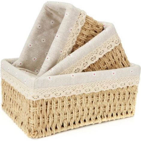 Lot de 3 paniers en osier rectangulaires – Doublure en lin de coton jaune à marguerites – Dimensions L: 26x20x12 cm, M: 22x16x11 cm, S: 18x12x10 cm