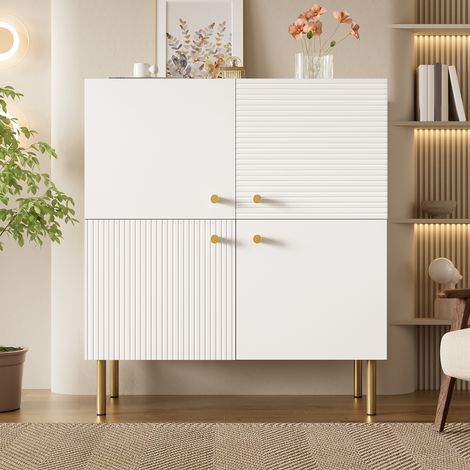 Comanlai - Buffet Enfilade Blanc Moderne - Meuble de Rangement Salon et Entrée avec Pieds Métal et Poignées Dorées (1/5)