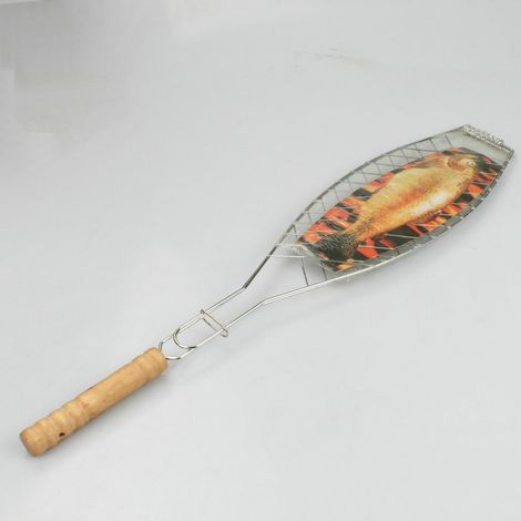 Accessoires de barbecue Grille barbecue pour Poisson, Acier Chromé/Bouleau FSC, 60x 14 cm, Argent (1/4)