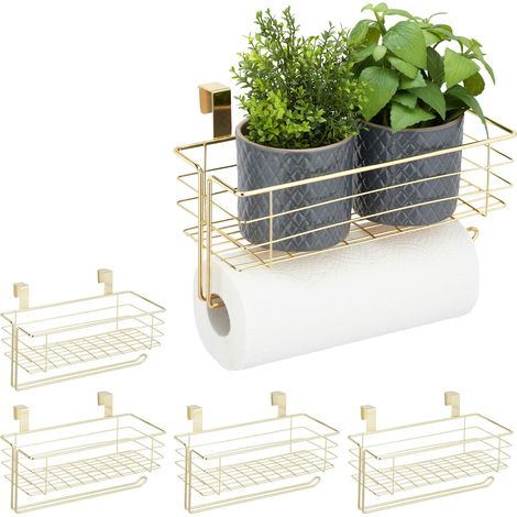 Relaxdays Set of 5 Hanging Baskets, with Roll or Towel Holders, for Kitchen & Bathroom, Metal, HWD: 18x31x17 cm, Gold