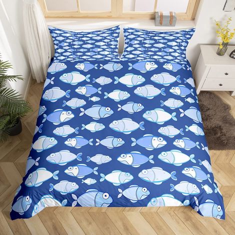 Parure de lit 3 pièces avec housse de couette motif poissons de dessin animé, vie marine, océan pour enfants, garçons et filles, motif monde sous-marin, créatures marines, bleu (1/5)