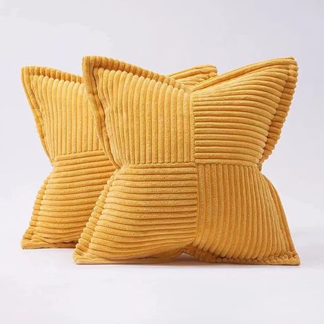 Lot de 2 Housses de Coussin en Velours Côtelé - 45 x 45 cm - Hypoallergénique et Résistant aux Taches - Jaune - Garniture Non Incluse (1/5)