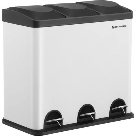 SONGMICS Pattumiera di 54L, Cestino di Spazzatura, a 3 Sezioni, con Pedale, Secchio Interni, 6 Etichetti per Smailtimento Facile, Bianco e Nero LTB54W (1/4)