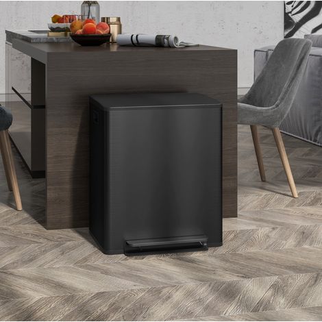Cubo de reciclaje 2 x 25 l de acero inoxidable negro con pedal y tapa (1/5)