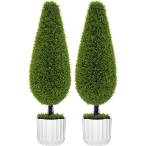 Ensemble de 2 plantes artificielles comprenant pot et mousse artificielle cyprès artificiel, blanc et vert
