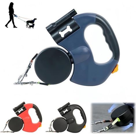 Guinzaglio doppio estensibile per 2 cani con torcia, luce e porta sacchetti per escrementi, girevole a 360°, riflettente, freno a una mano, blu (1/5)