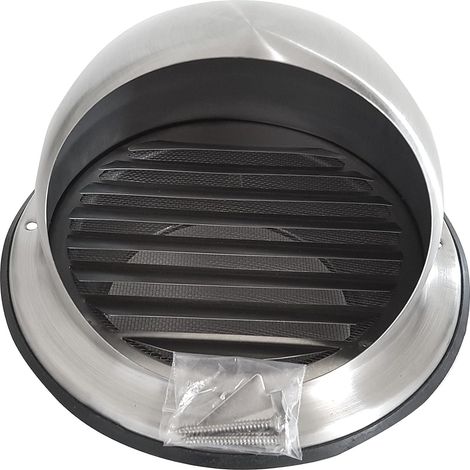 Prise d’air sphérique inox V2A 100mm, protection anti-insectes et intempéries, finition argentée