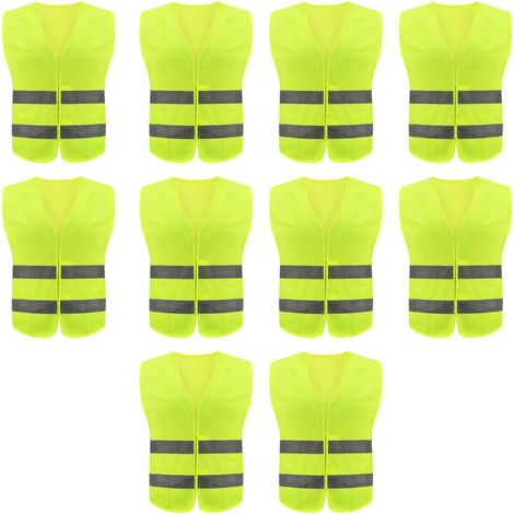 Lot de 10 gilets de sécurité haute visibilité pour travail routier, garde de sécurité - Gilet de construction avec 2 bandes réfléchissantes, résistant et confortable pour un usage professionnel ou loi