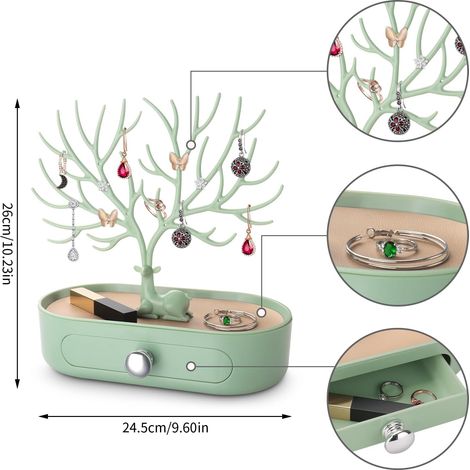 Arbre Porte Bijoux avec Tiroirs, Support Présentoir à Bijoux pour Boucles D'oreilles, Colliers, Bracelets et Bagues, Plastiques, Poignée Plaquée Argent (1/4)