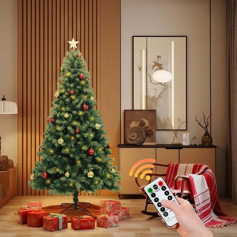 Sapin de Noël artificiel pré-éclairé avec télécommande - Aiguilles PE/PVC réalistes, sections articulées, plusieurs modes d’éclairage, pied métal - Taille 7 ft (1/5)