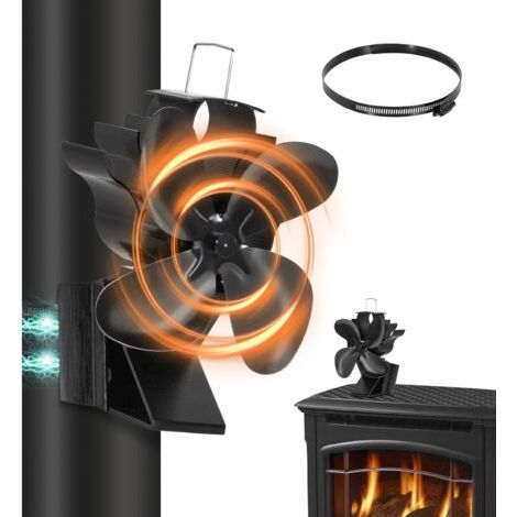 2-in-1 Kaminventilator Magnetisch, Ofenventilator Ohne Strom mit 4 Blättern, Leiser Betrieb, Fixierbar auf Rohr, Wärmebetriebener Ventilator für Holzofen/Gasofen/Kamin mit 1pcs Ersatzteil Ring (1/5)