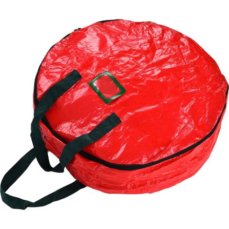 Sac de rangement rond rouge en tissu PE tissé anti-poussière pour couronne de Noël, idéal pour la maison, les fêtes ou le bureau. (1/5)