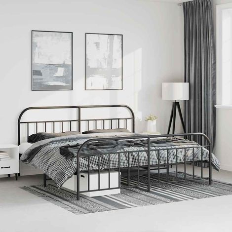 Cadre de lit métal sans matelas avec pied de lit noir 183x213cm (1/5)