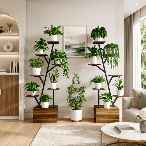 Lot de 2 support pour plantes 40×30×140cm,lampe de croissance à spectre complet,étagère à plantes,2 armoires de rangement,meuble pour plantes à 6 niveaux,style moderne,cadre en métal,Bois,Chêne tigré (1/5)